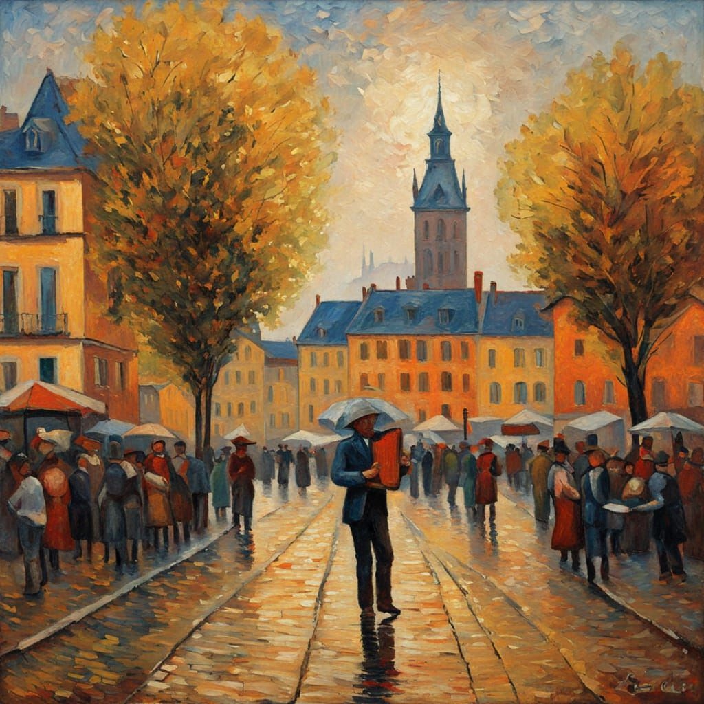 Vibrant Strasbourg Street Scene in Neo-Impressionist Style