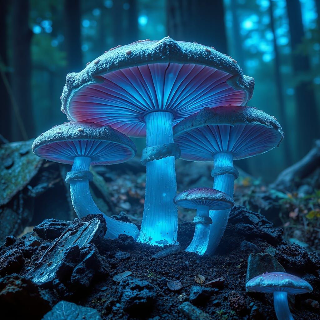 Biomorphic Blue Mushrooms in Dark Surrealism Style