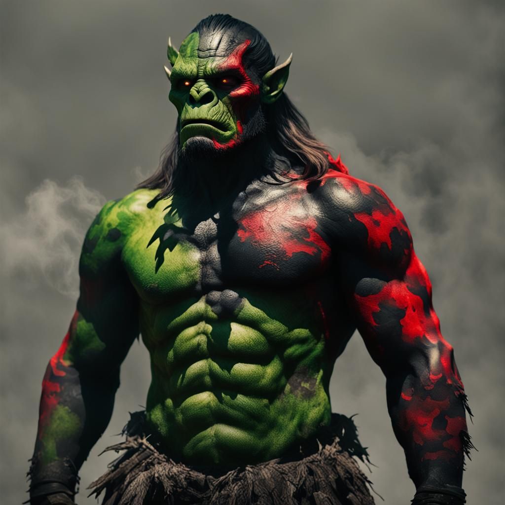 Orc with Camo Warpaint in Burning Village