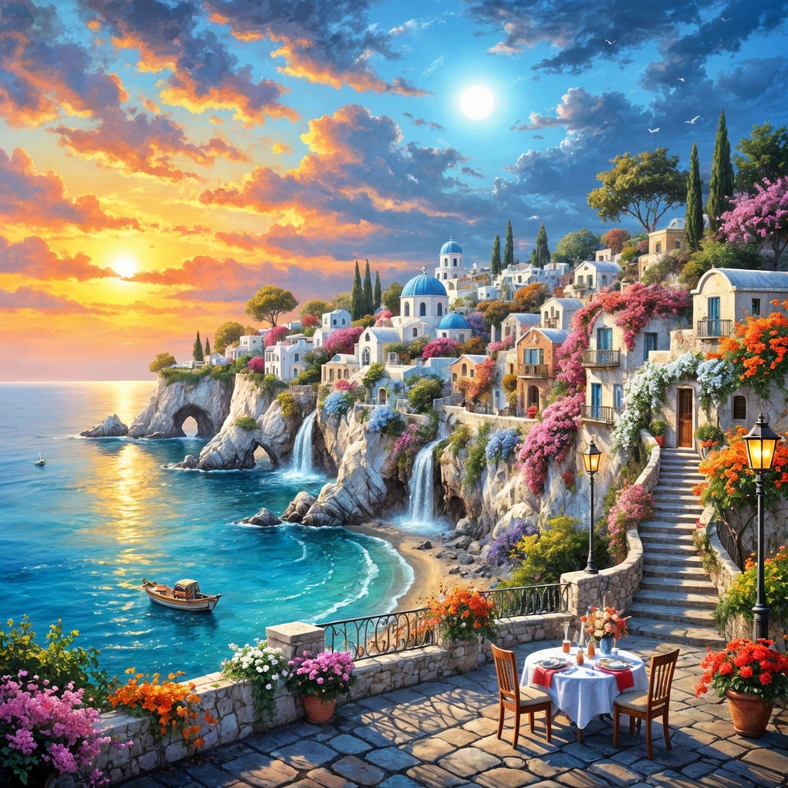 Mediterranean Village on White Cliffs at Twilight