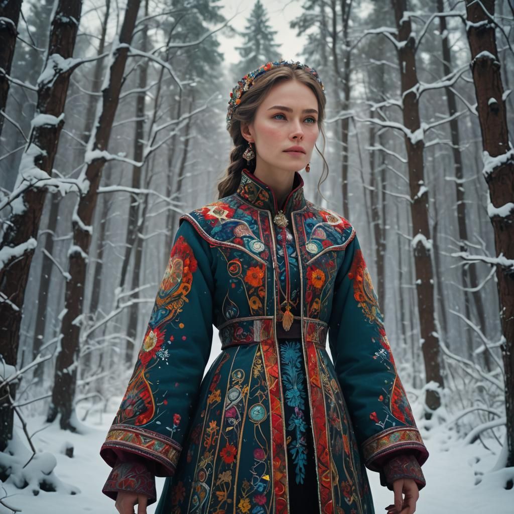 Mystical Russian Woman in Snowy Forest Concept Art