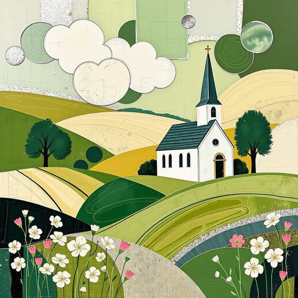 Mondrian Abstraction: Country Church in Green and Silver