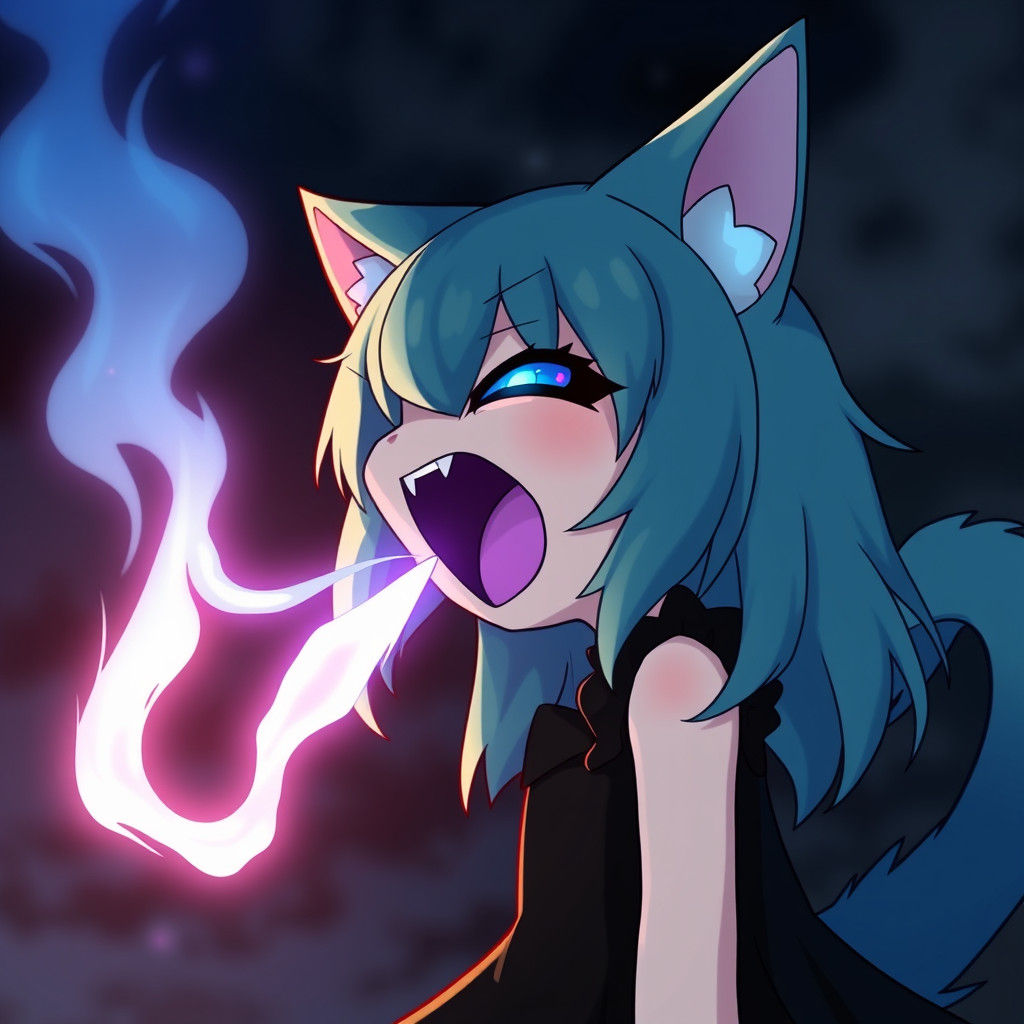 Anime Catgirl Breathing Blue Fire in the Dark