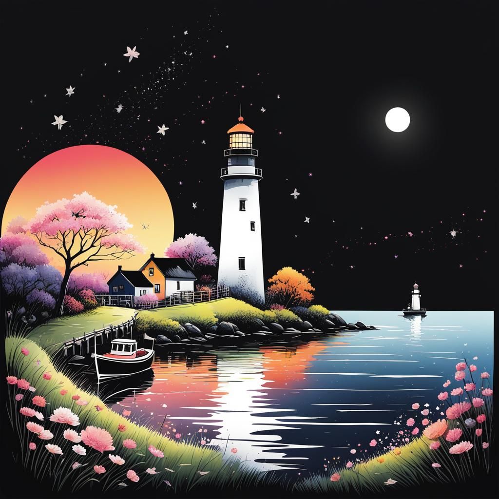 A small, idyllic lighthouse at night.
