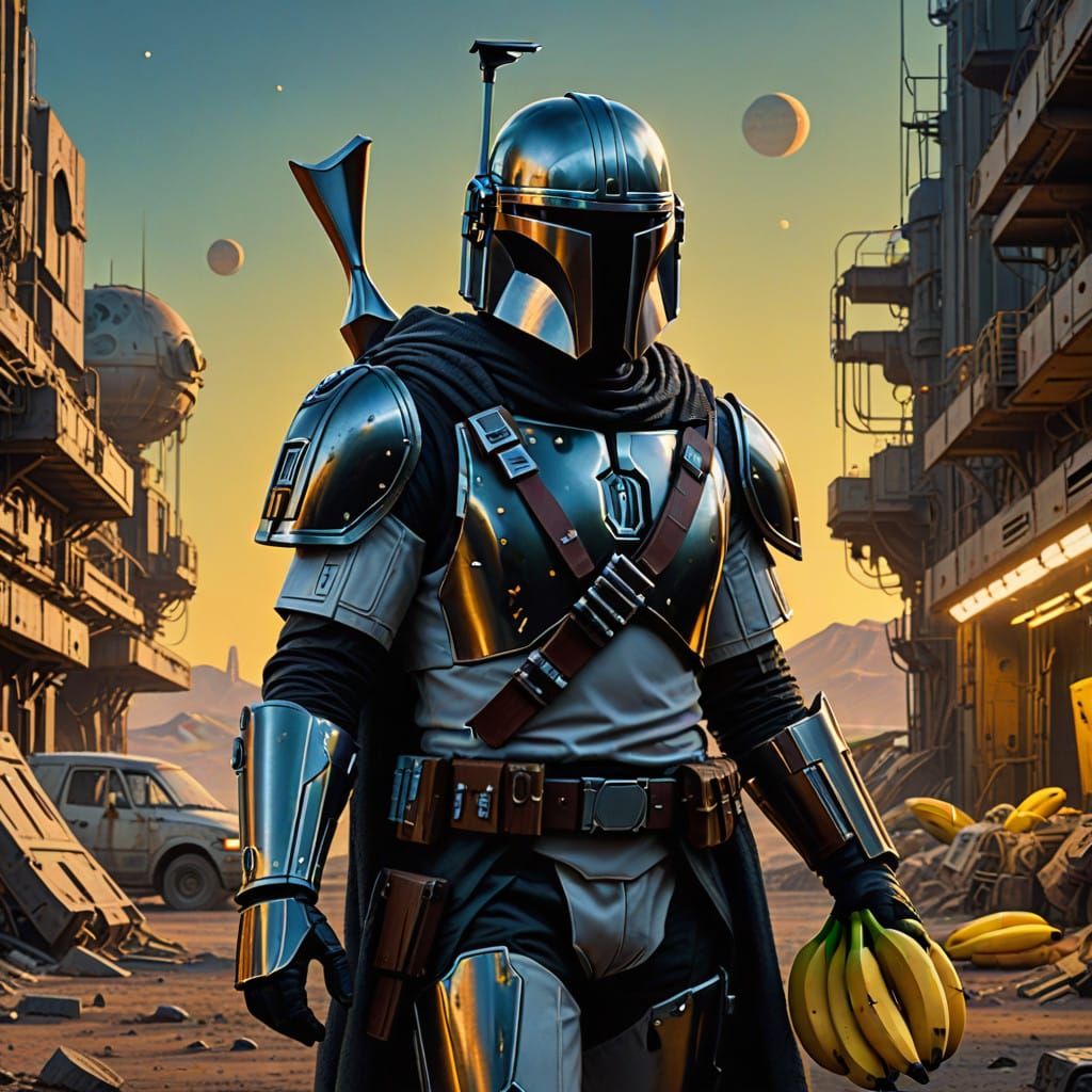 The Mandalorian in Beskar Armor Holds a Bright Yellow Banana