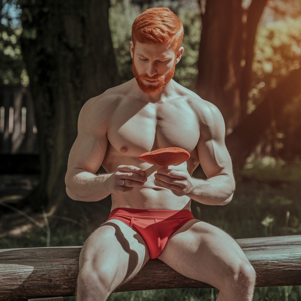 Red-Haired Man with Mushroom in Forest Sunlight