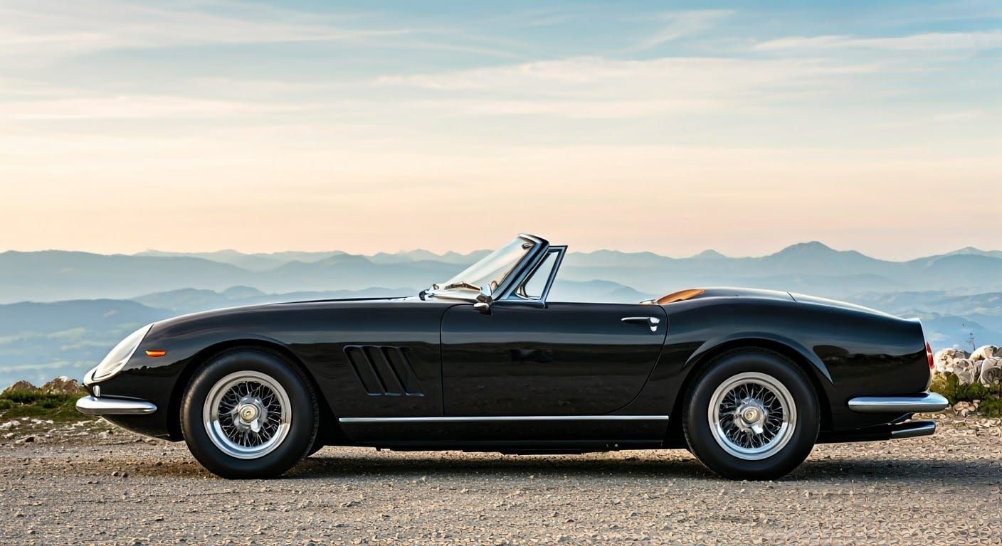 A sleek, black, 1962 Ferrari 250 GT California Spyder,