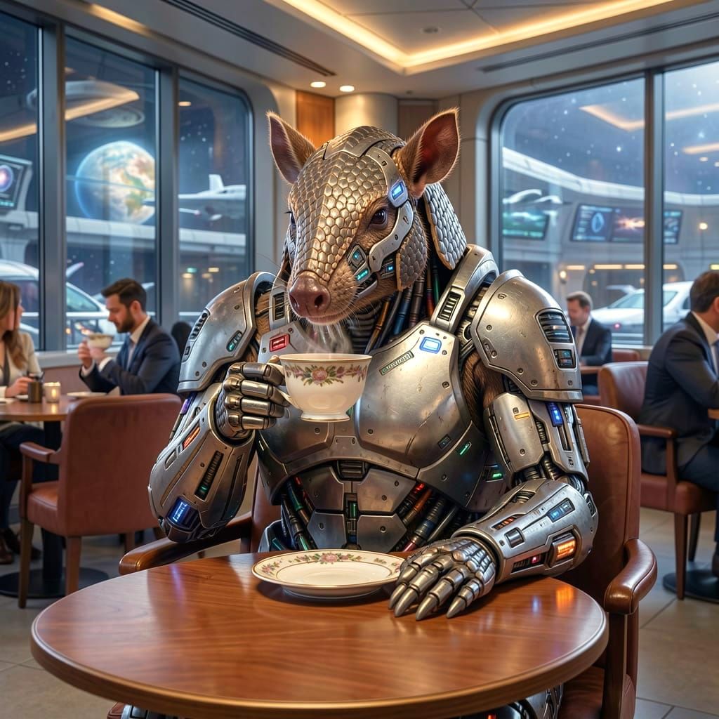 Advanced Armadillo Cyborg Sipping Tea in Spaceport