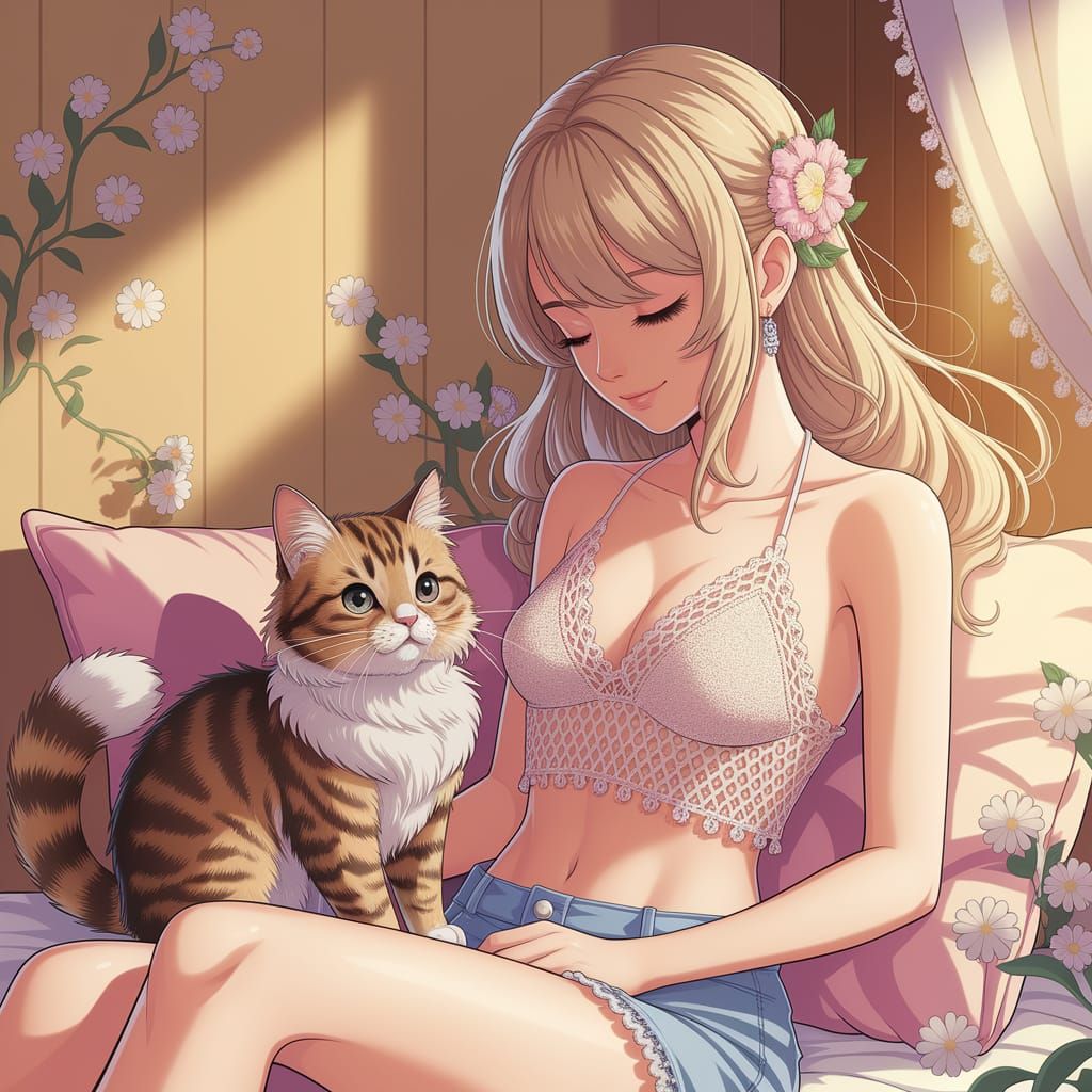 Whimsical Digital Illustration of Cat and Anime Character