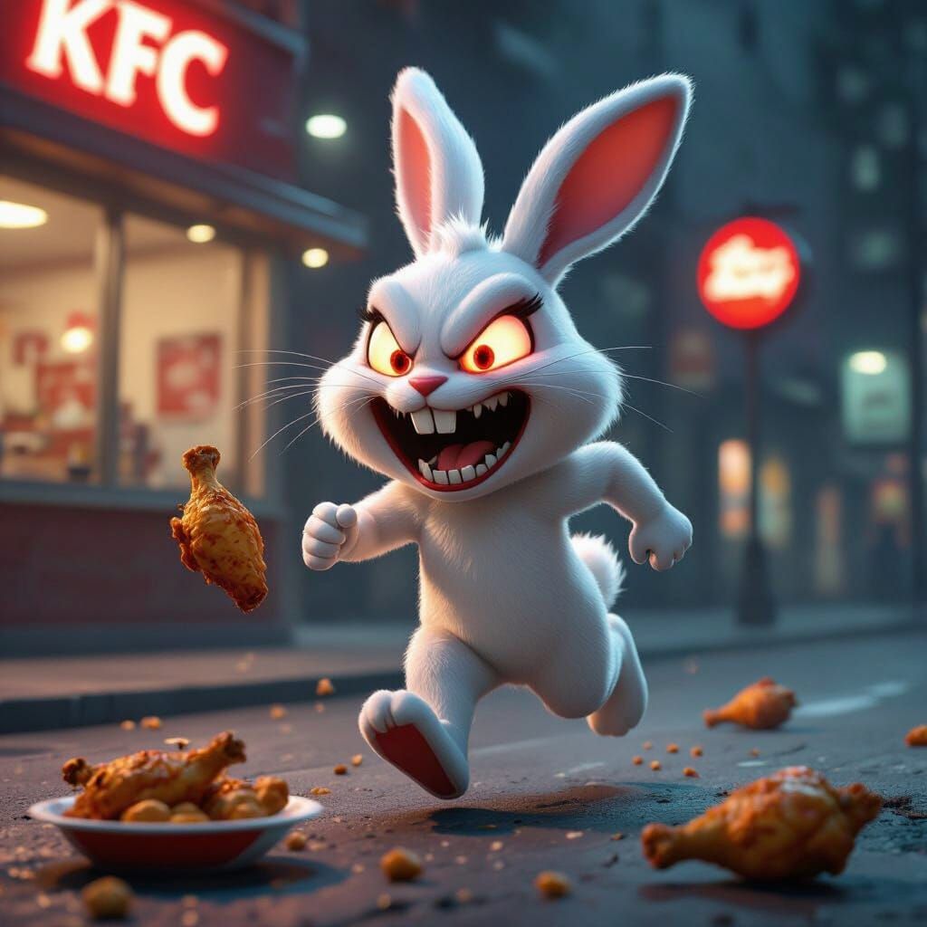 Scary Cartoon Rabbit Chasing KFC Wings