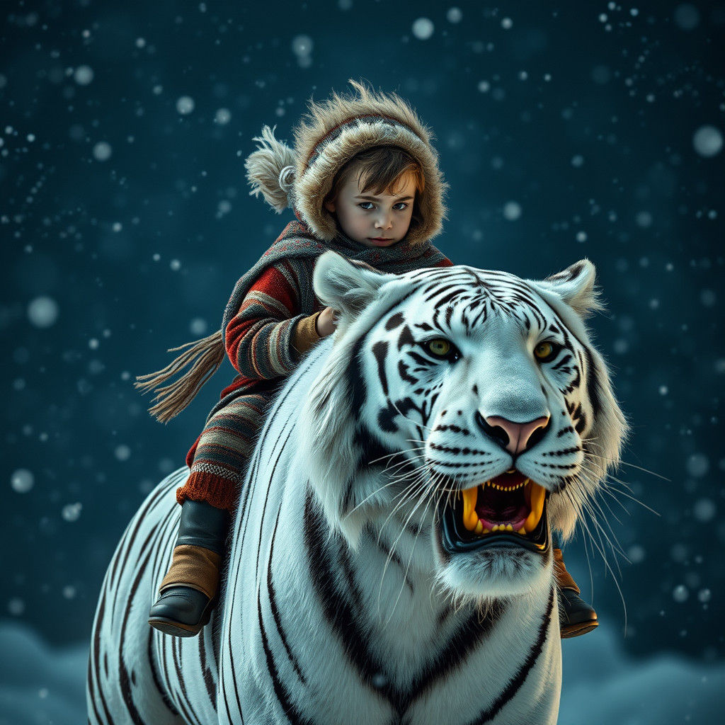Boy Rides Snow Tiger in Winter Storm
