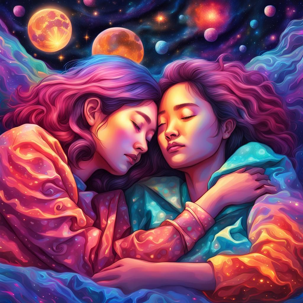 Lesbians Cuddling in Bed Astral Illustration