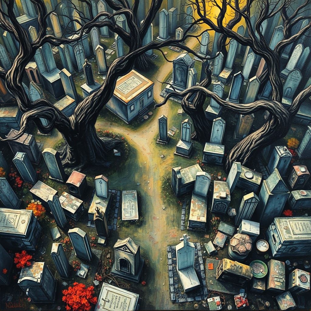 Mystical Cemetery of Sinners in Gouache Watercolor Style