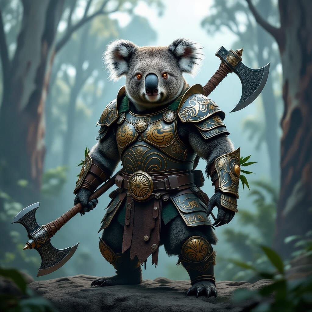 Koala Warrior in Ornate Armor on Rocky Outcrop