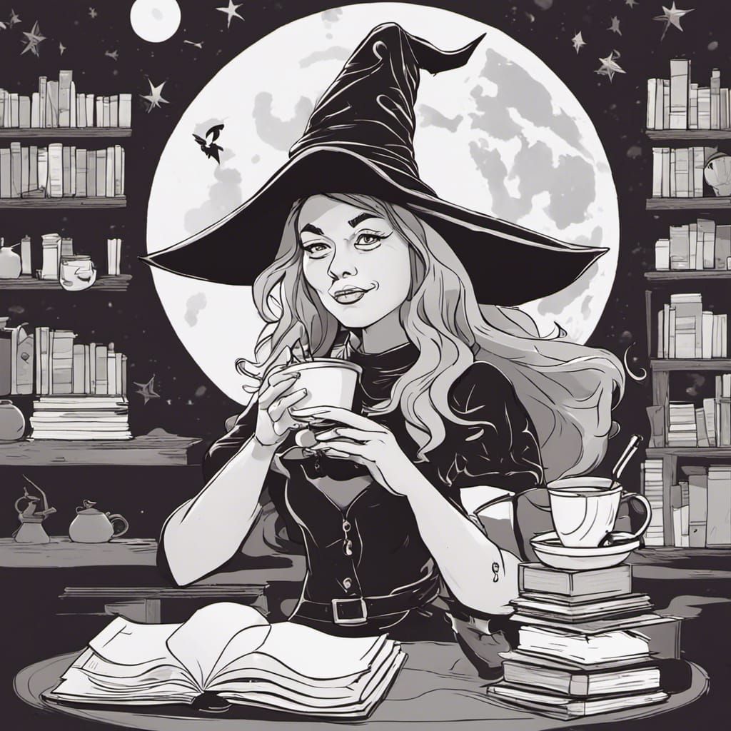 Cartoon Witch Coffee Break: 3D Digital Art