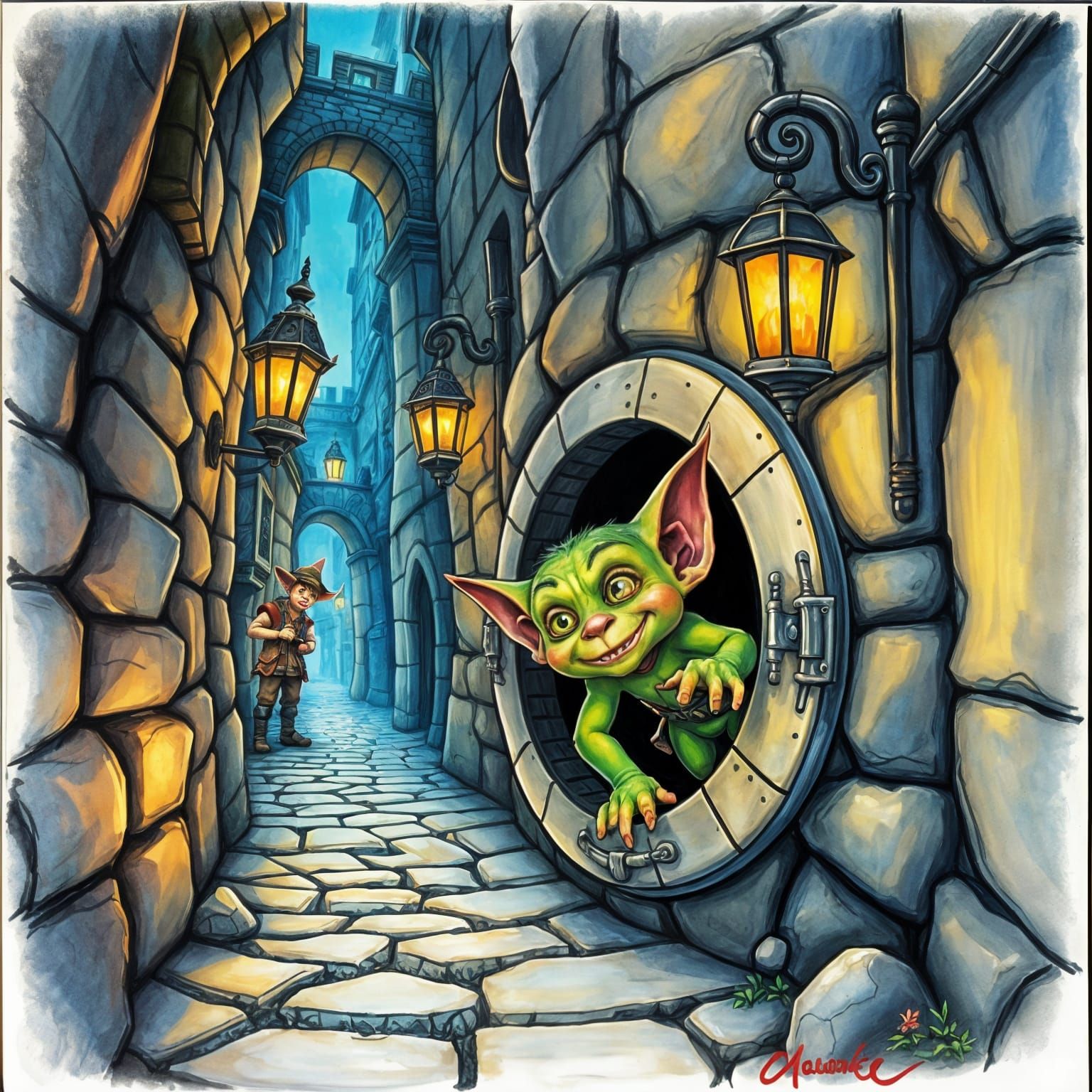 Goblin Peeking from Manhole in Fantasy Alleyway Sketch