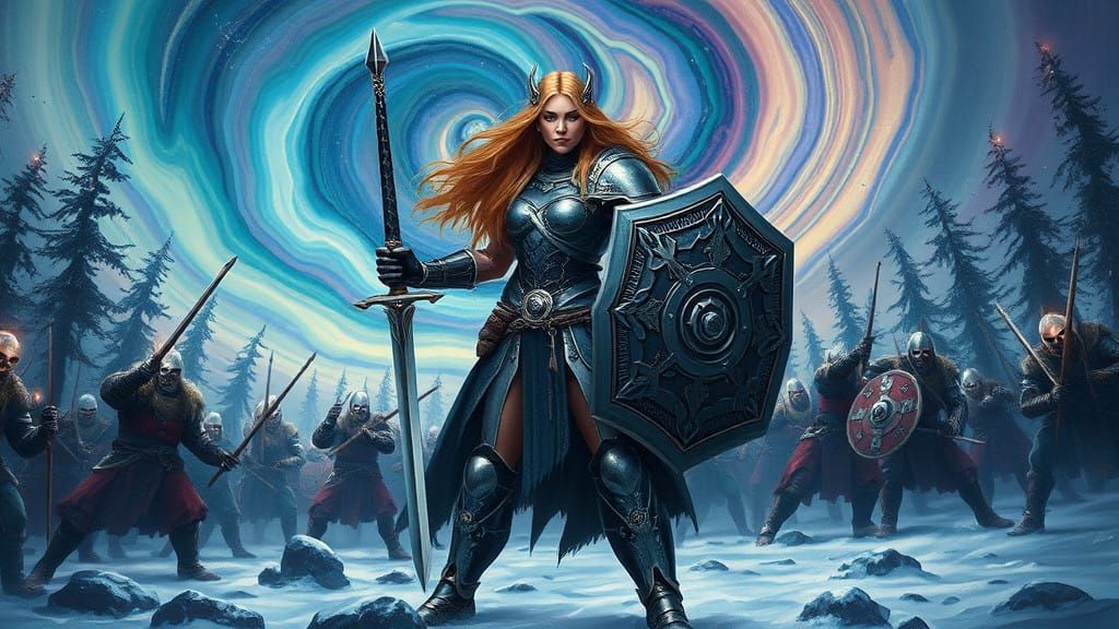Cyborg Shield Maiden Embracing Norse Gods' Fury in Dreamlike...