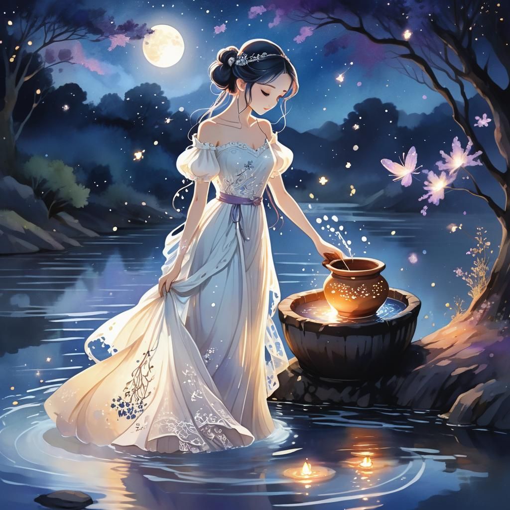 Anime Princess Pouring Water Under Midnight Sky