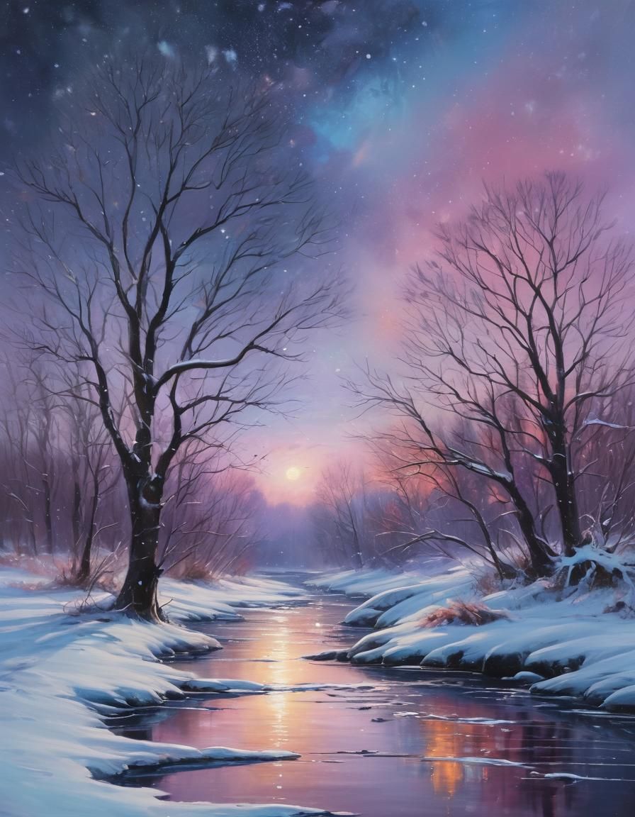 Galaxy on Frozen River in Snowy Winter Landscape