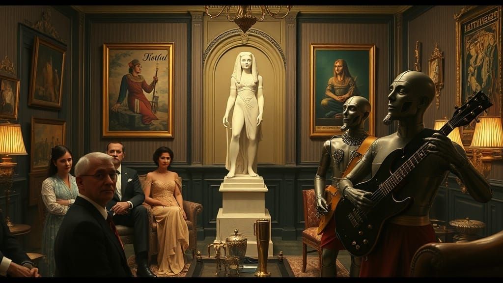 Victorian Drawing Room with Egyptian Cat Goddess and Brass A...