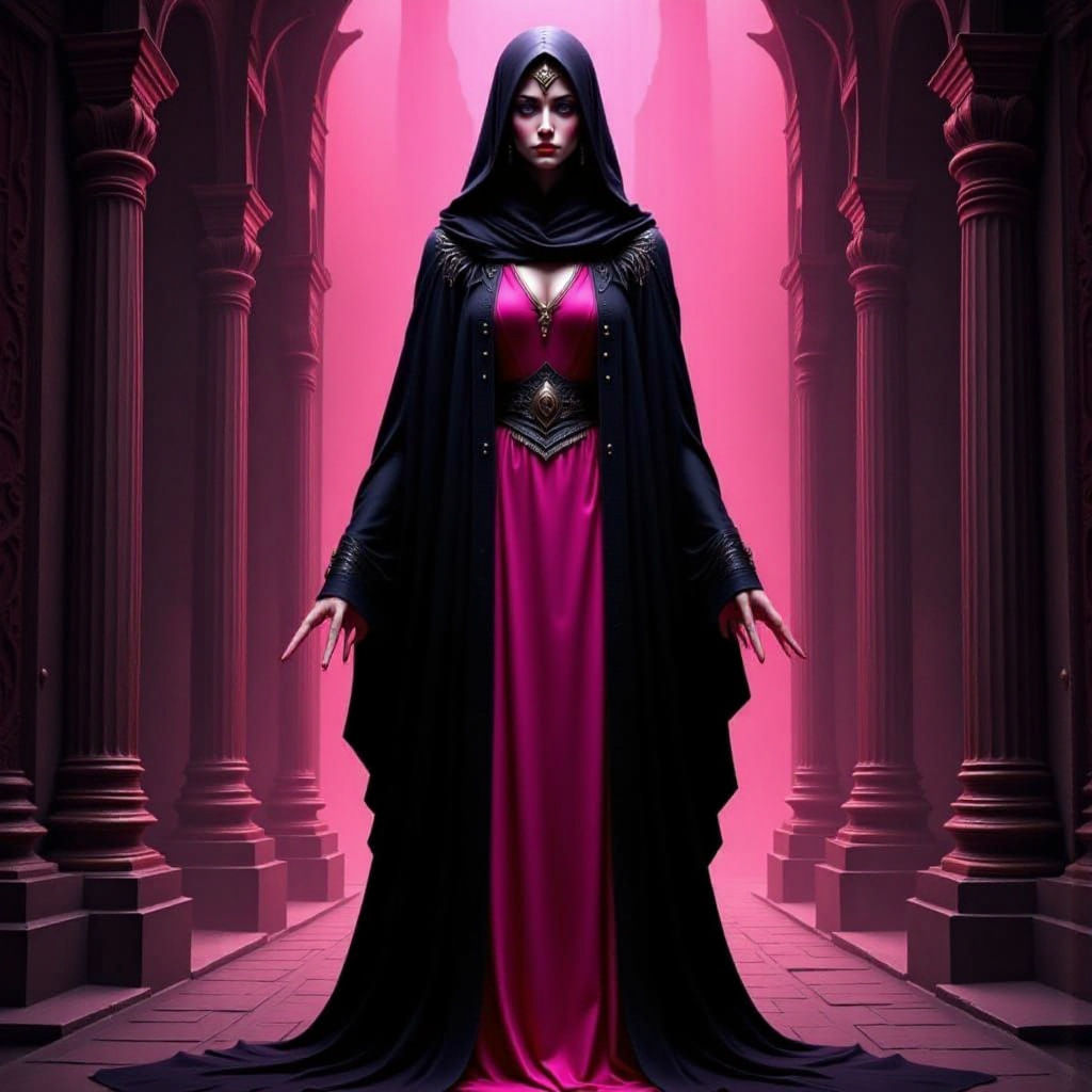 Pink and Black Priestess in Temple Interior