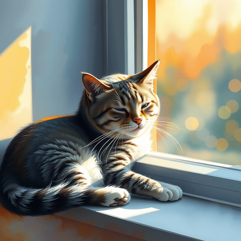 Grey and White Tabby Cat in Serene Window Scene