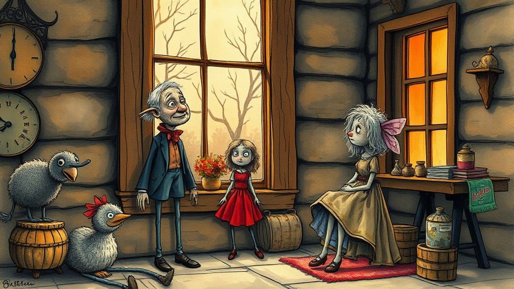 Whimsical Rag Doll Characters in Cozy Twilight Scene