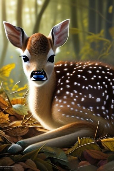 Cute baby fawn, laying down on a bed of leaves head and shoulders portrait, 8k resolution concept art portrait by Greg R...