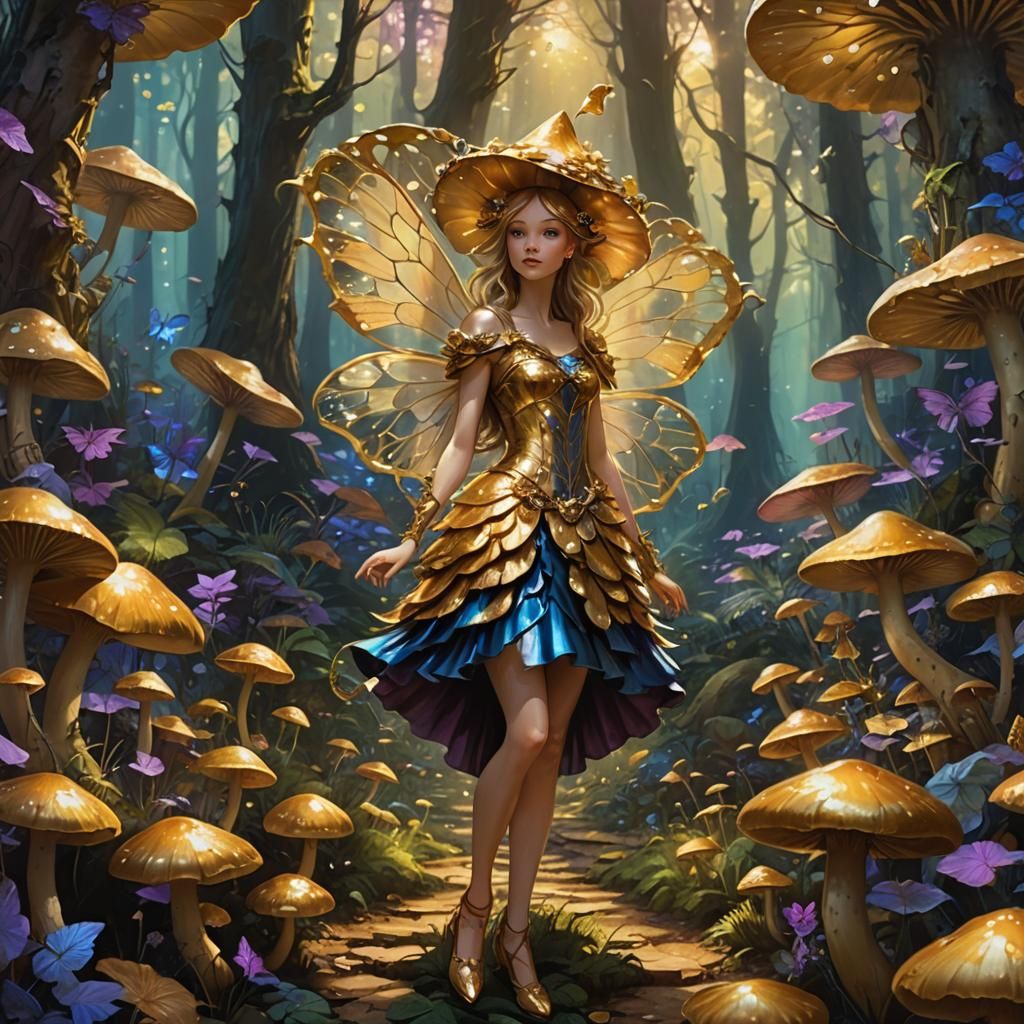 Golden Fairy in Mushroom Forest: Fantasy Art
