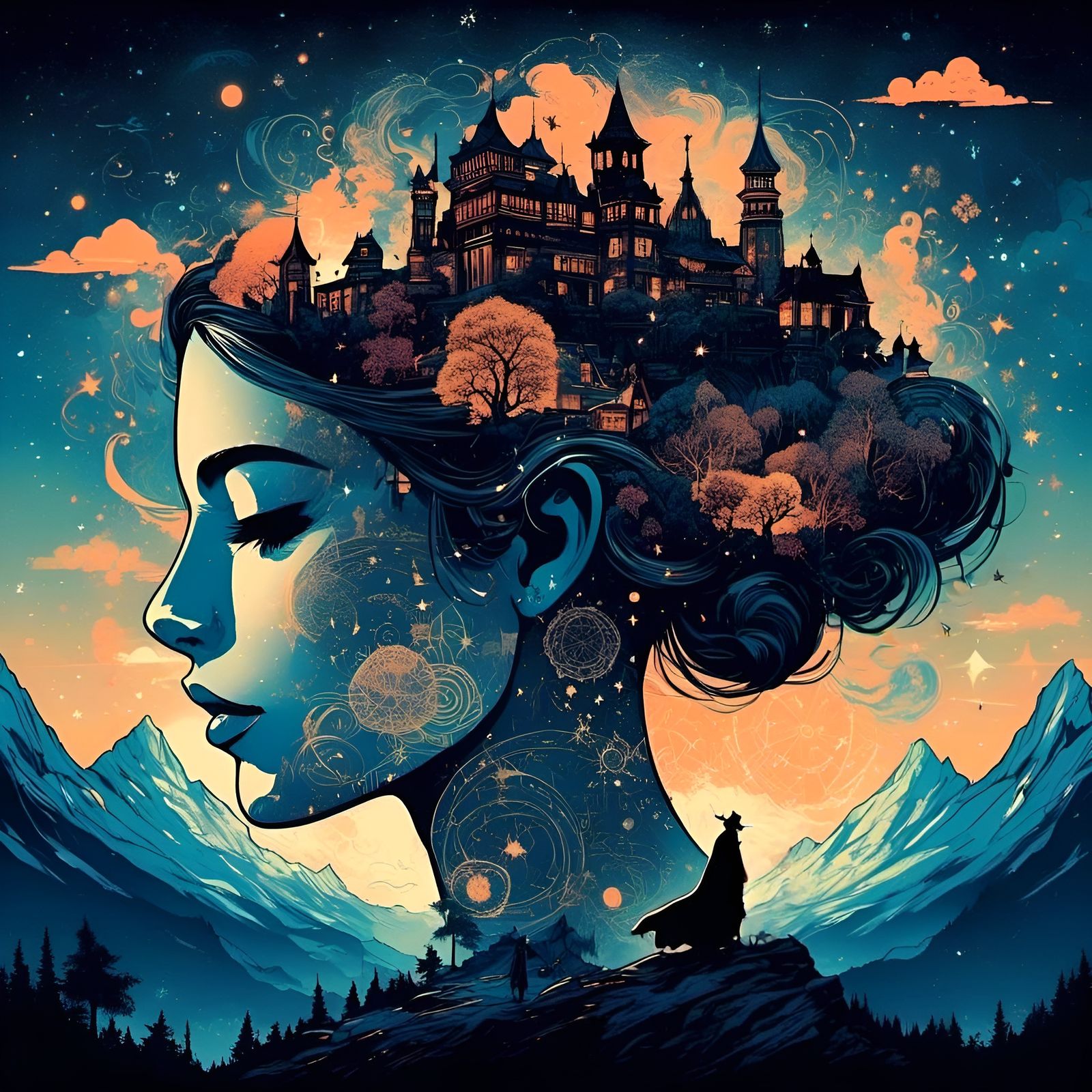 Fantasy World in Princess Head: Double Exposure Art