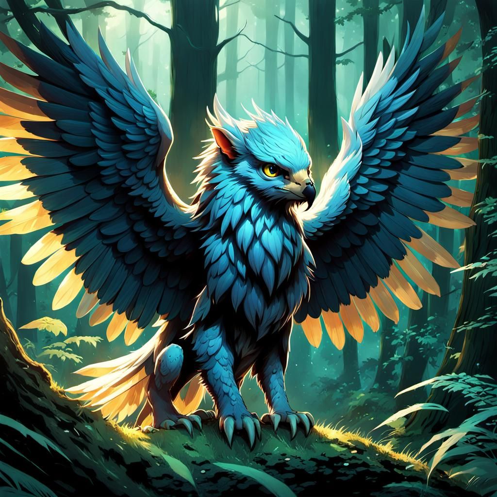 Cute Gryphon in Forest, Manga Art Style
