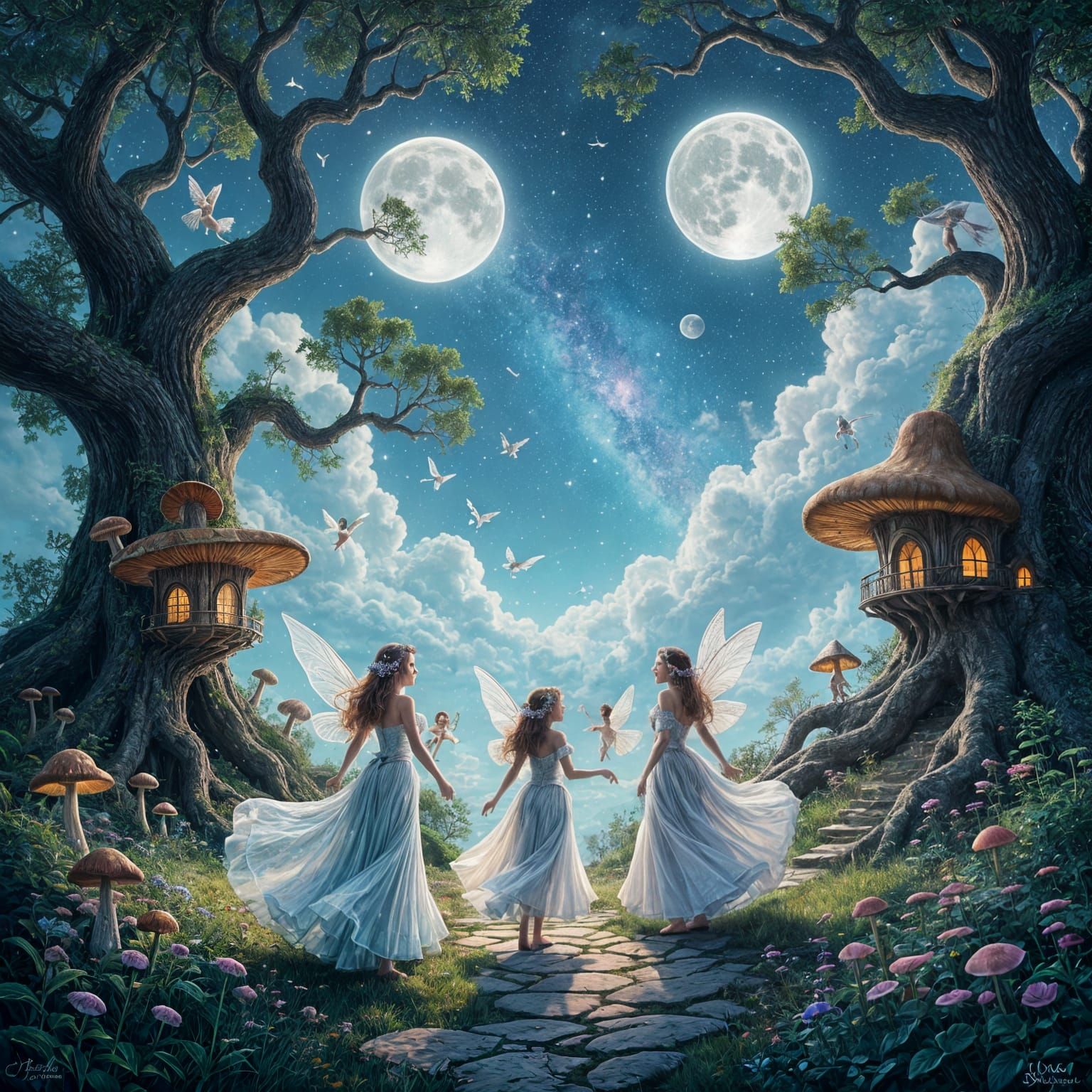 Fairies Dancing Under the Moonlight: Astral Illustration