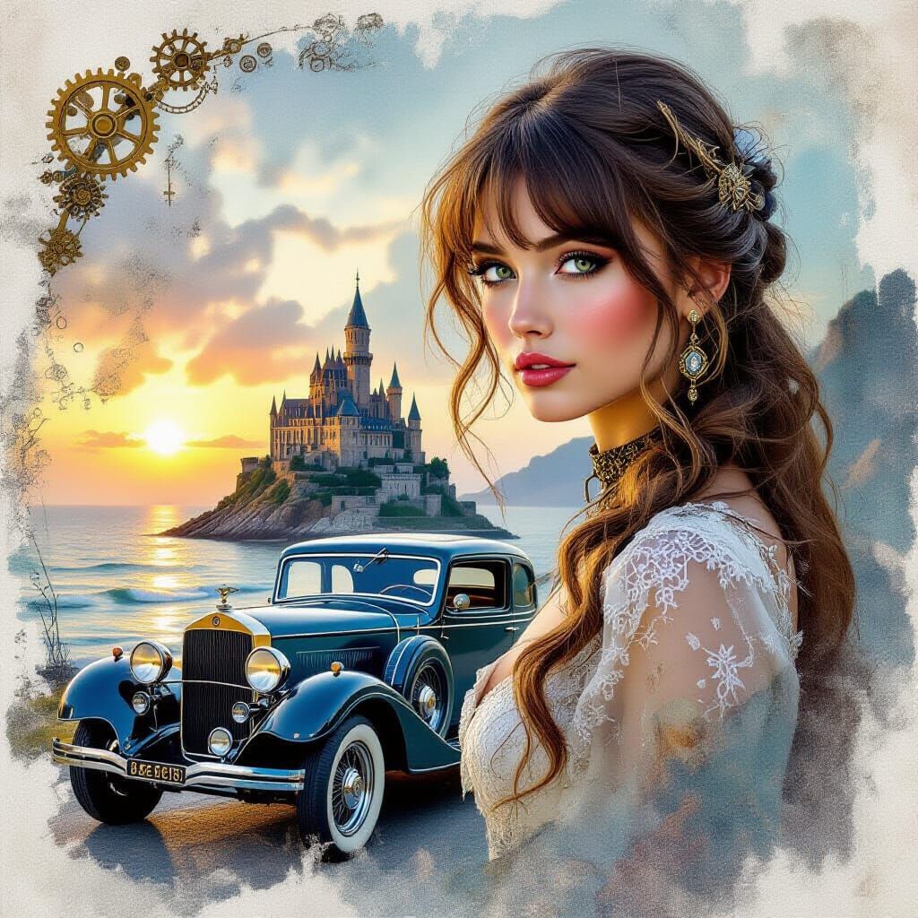 Steampunk Woman at Sea Coast Castle in Watercolor Style