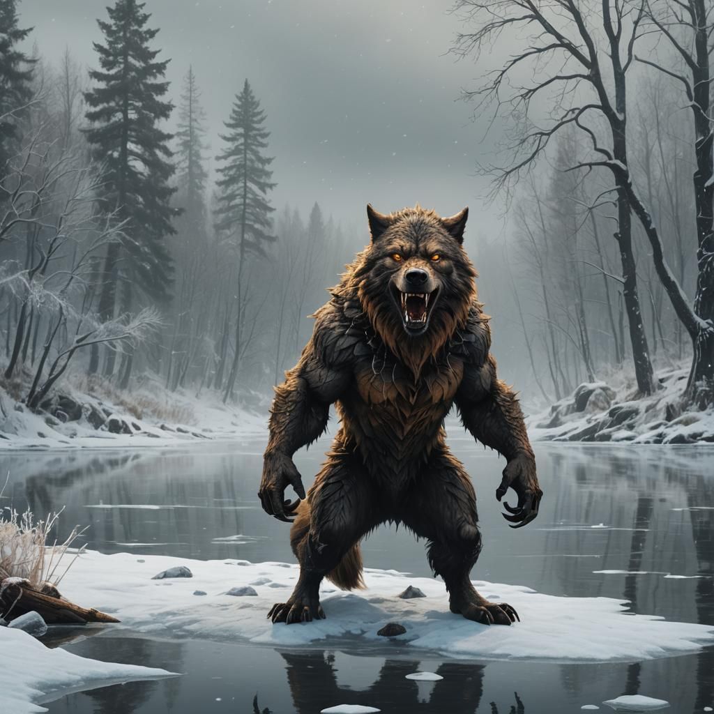 Werewolf in Winter Landscape: Fantasy Illustration