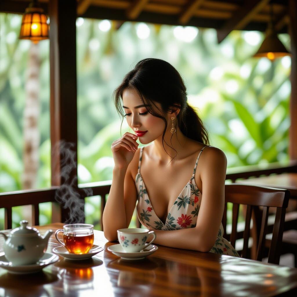 Thai Woman in Jungle Teahouse with Cinematic Lighting