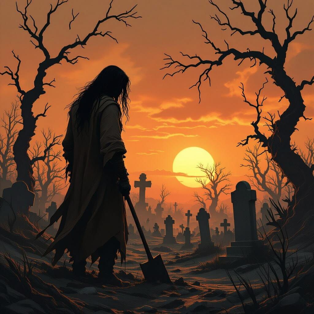 Lone Gravedigger at Dusk in Desolate Graveyard
