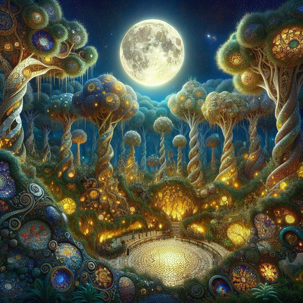 Gaudí-Inspired Forest of Whimsy Under Full Moon