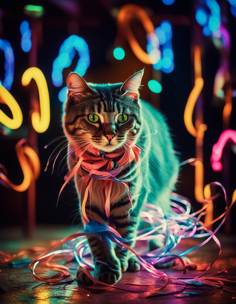 An enigmatic, mysterious cat surrounded by swirling ribbons ...
