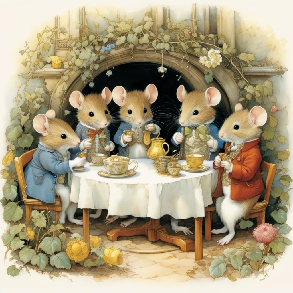 Mice Garden Party in Classic Children's Book Style