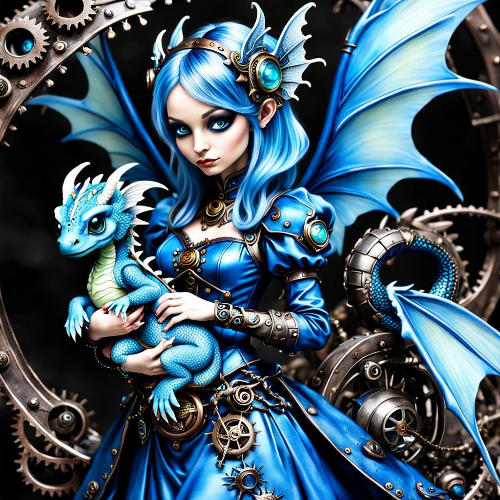 Steampunk Fairy with Baby Blue Dragon