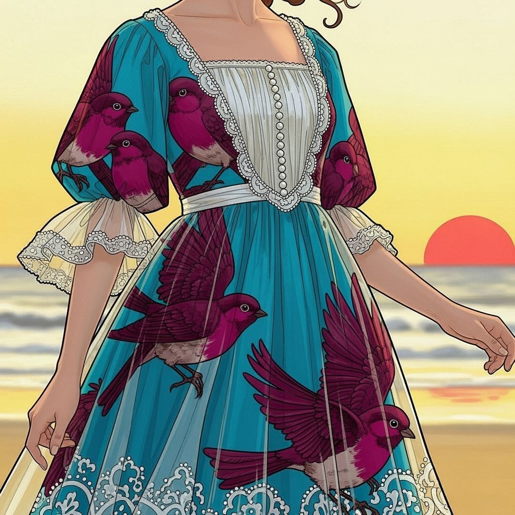 Woman in Turquoise Gown at Sunrise, Art Nouveau Style