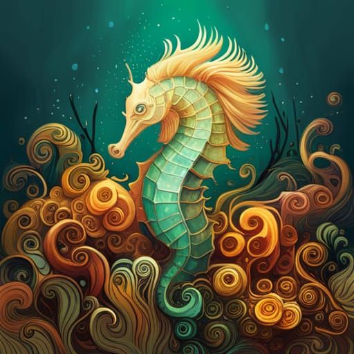 Luminous Seahorse with Golden Outlines, Digital Art