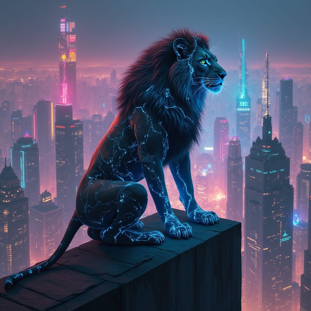 Regal Lioness Reigns Over Cyberpunk Metropolis