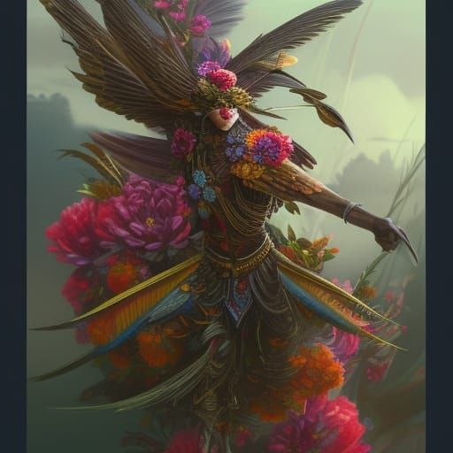 Floral Avian Warrior in Detailed Matte Painting