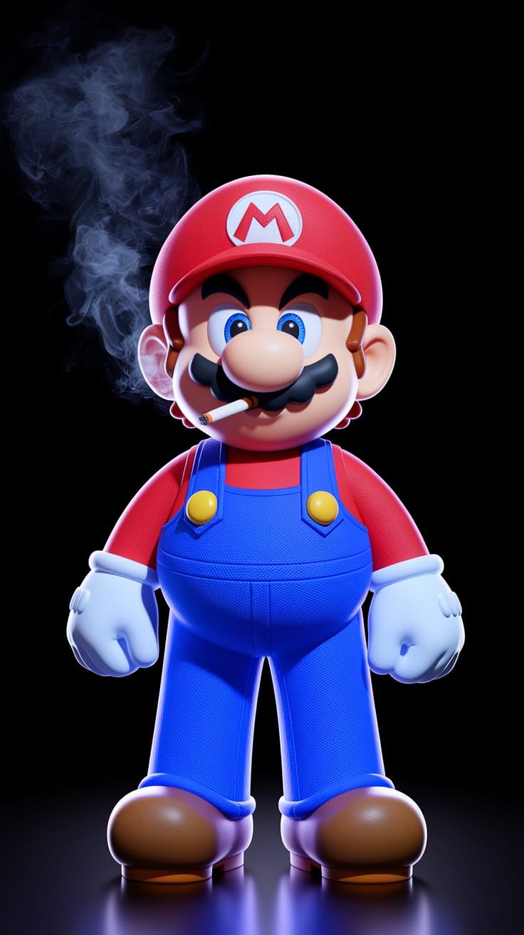 Mario Smokes a Cigarette in a Dark 3D Scene