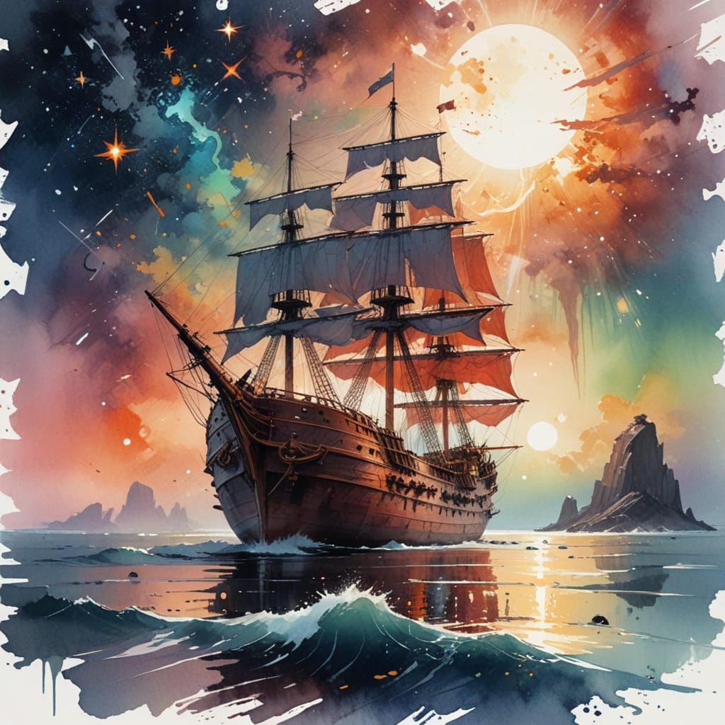 Majestic Ship Under Starry Sky, Watercolour Painting