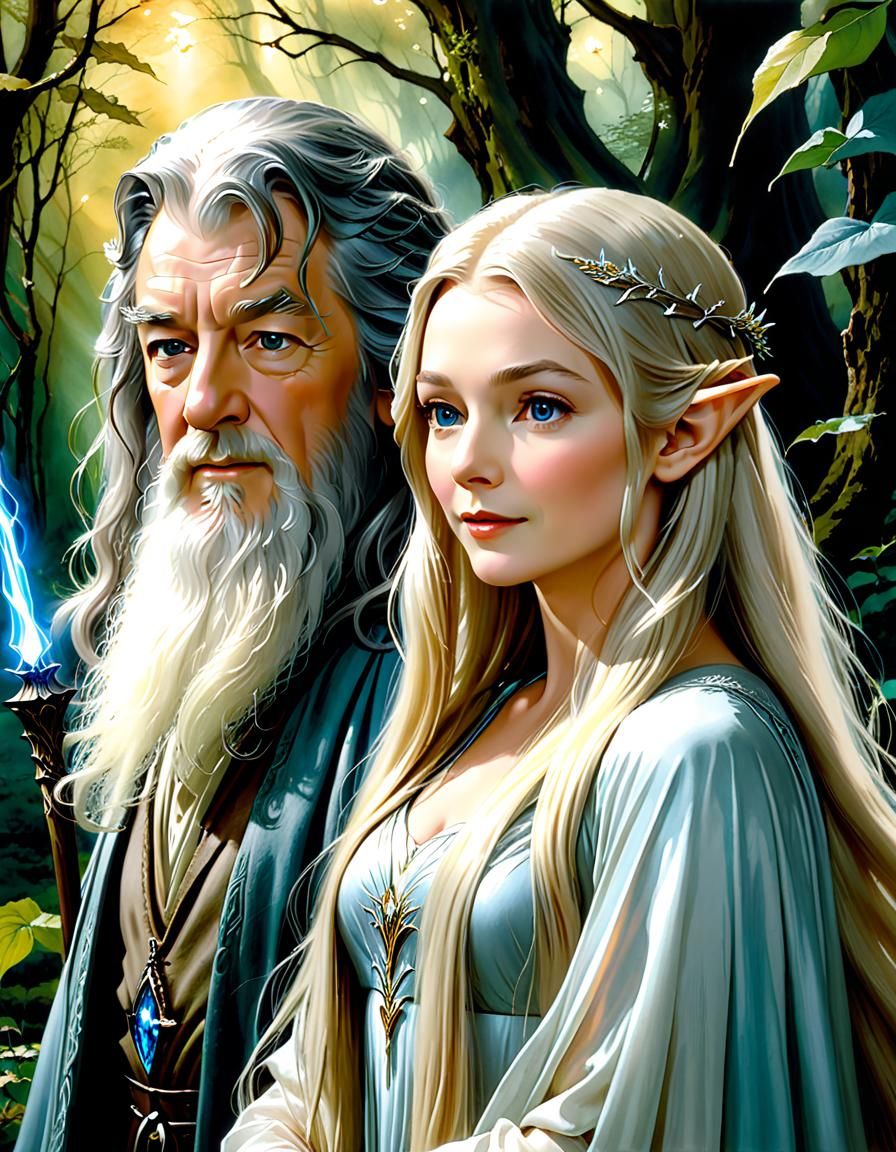 Gandalf and Galadriel Portrait in Alcohol Ink Style