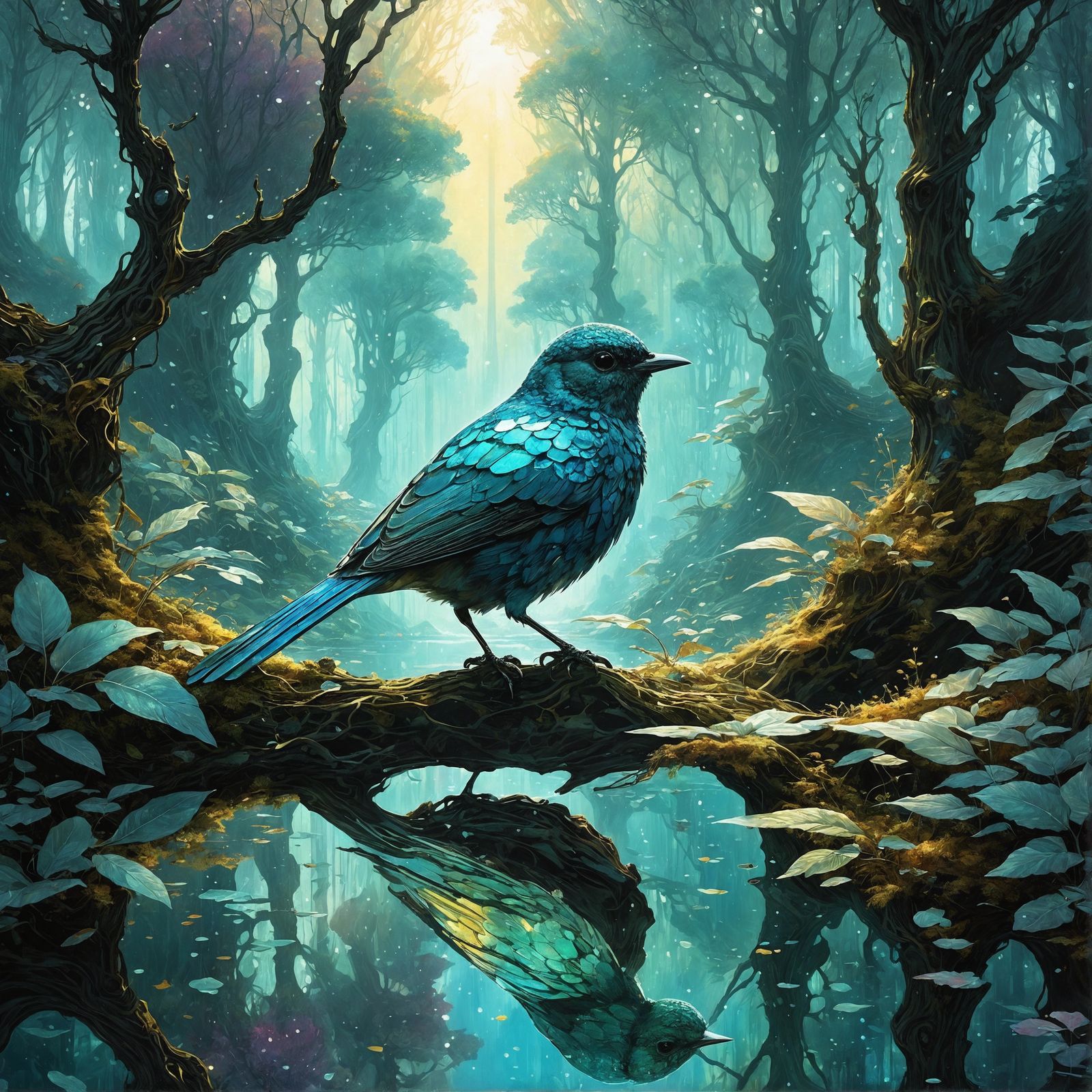 Iridescent Bird in Crystalline Metal Forest