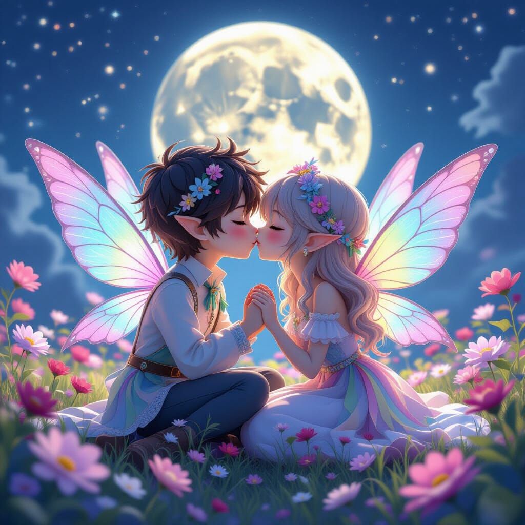Pastel Rainbow Fairies Kissing in Anime Style