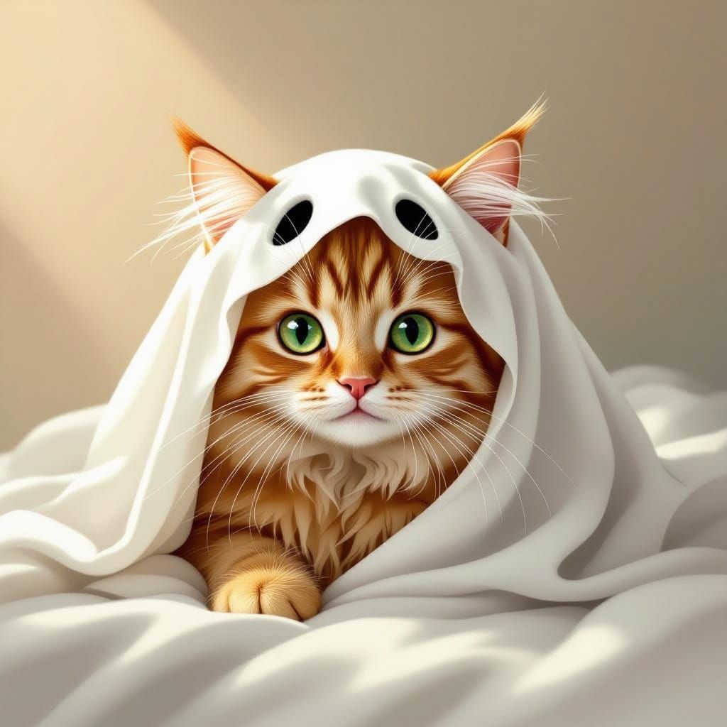 Adorable Ginger Cat in Ghost Costume